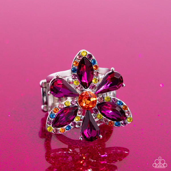 BLAZING BLOOMS - MULTI COLOR AND PINK GEM SILVER FLOWER RING - PAPARAZZI - LIFE OF THE PARTY DECEMBER 2023
