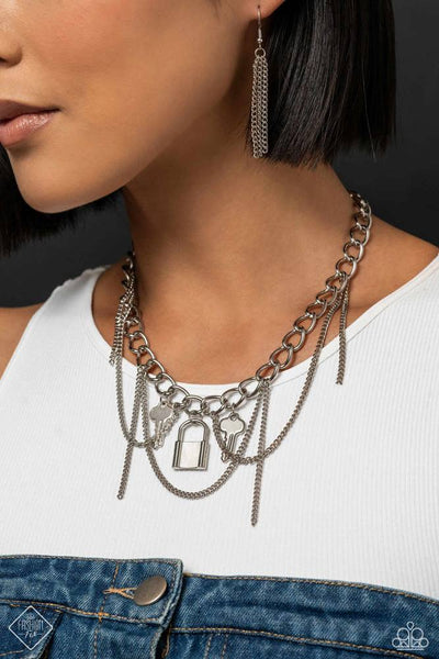 AGAINST THE LOCK - SILVER LOCK AND KEY LAYERED CHAIN SHORT NECKLACE - PAPARAZZI - FASHION FIX JANUARY 2024