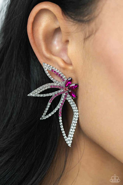 TWINKLING TULIP - PINK AND WHITE RHINESTONE SILVER FLORAL POST EARRINGS - PAPARAZZI - LIFE OF THE PARTY JANUARY 2024