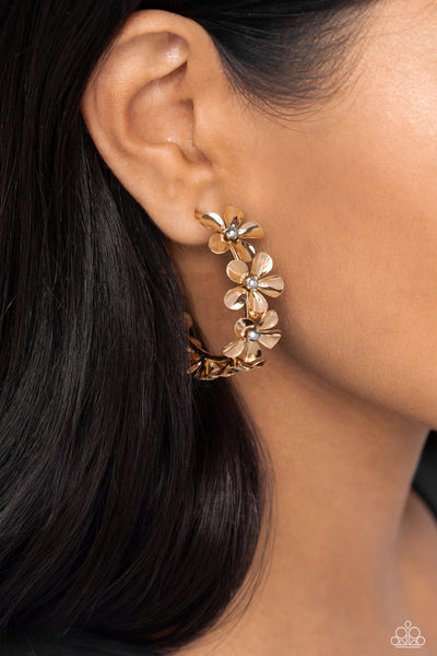 FLORAL FLAMENCO - GOLD FLOWER HOOP EARRINGS - PAPARAZZI