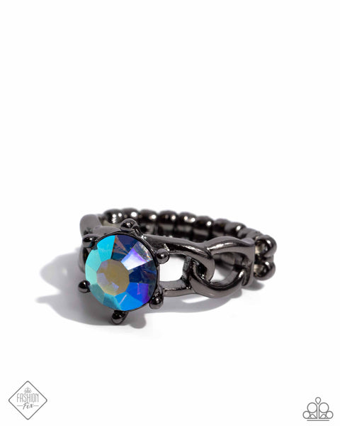 AUTHORITATIVE ABILITY - BLUE IRIDESCENT GEM GUNMETAL RING - PAPARAZZI - FASHION FIX JUNE 2024