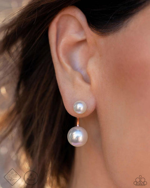 DAYDREAMY DAWN - COPPER WHITE PEARL JACKET EARRINGS - PAPARAZZI MAY 2024 FASHION FIX