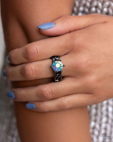 AUTHORITATIVE ABILITY - BLUE IRIDESCENT GEM GUNMETAL RING - PAPARAZZI - FASHION FIX JUNE 2024