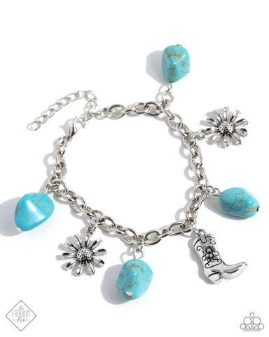 BADLANDS BEAU - BLUE TURQUOISE STONE SILVER COWBOY BOOT CHARM BRACELET - PAPARAZZI - FASHION FIX JUNE 2024