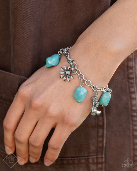 BADLANDS BEAU - BLUE TURQUOISE STONE SILVER COWBOY BOOT CHARM BRACELET - PAPARAZZI - FASHION FIX JUNE 2024