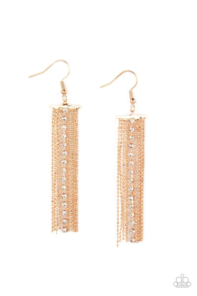 ANOTHER DAY, ANOTHER DRAMA - GOLD BALL CHAIN WHITE RHINESTONE TASSEL EARRINGS - PAPARAZZI