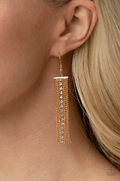 ANOTHER DAY, ANOTHER DRAMA - GOLD BALL CHAIN WHITE RHINESTONE TASSEL EARRINGS - PAPARAZZI