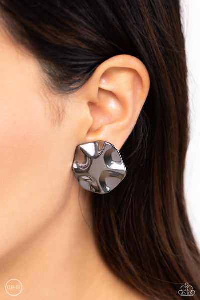 DESTINATION UNKNOWN - BLACK WAVY DISC CLIP-ON EARRINGS - PAPARAZZI