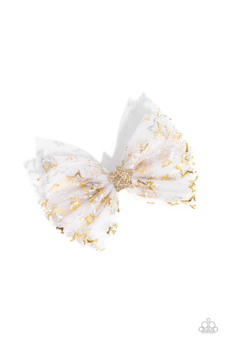 HAVE A SUPERSTAR DAY - WHITE FABRIC GOLD SILVER STAR HAIR CLIP - PAPARAZZI