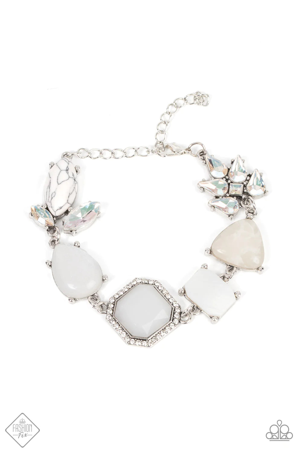 GROUNDING GLAMOUR - WHITE MILKY BEAD RHINESTONE SILVER BRACELET - PAPARAZZI FASHION FIX JUNE 2022