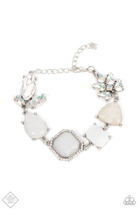 GROUNDING GLAMOUR - WHITE MILKY BEAD RHINESTONE SILVER BRACELET - PAPARAZZI FASHION FIX JUNE 2022