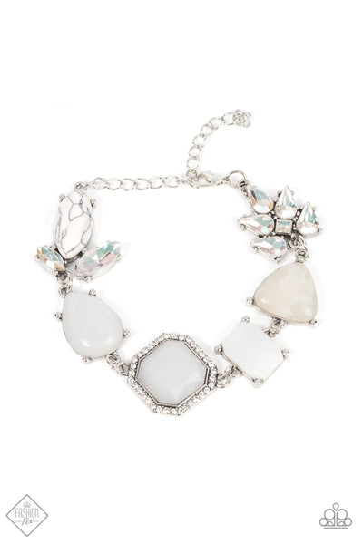 GROUNDING GLAMOUR - WHITE MILKY BEAD RHINESTONE SILVER BRACELET - PAPARAZZI FASHION FIX JUNE 2022