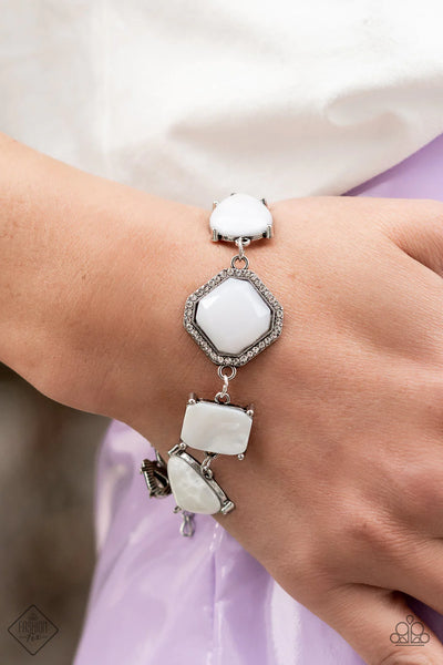 GROUNDING GLAMOUR - WHITE MILKY BEAD RHINESTONE SILVER BRACELET - PAPARAZZI FASHION FIX JUNE 2022