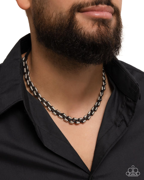 ROGUE RENEGADE - BLACK LEATHER SUEDE CORD SILVER ACCENT URBAN NECKLACE - PAPARAZZI