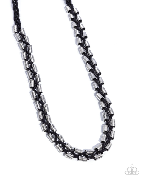 ROGUE RENEGADE - BLACK LEATHER SUEDE CORD SILVER ACCENT URBAN NECKLACE - PAPARAZZI