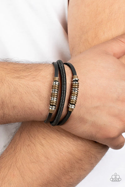 TREASURE TRACKER - BLACK LEATHER CORD URBAN SLIDE BRACELET - PAPARAZZI