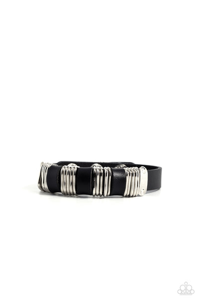 HARDWARE HUSTLE - BRASS AND BLACK LEATHER URBAN WRAP BRACELET - PAPARAZZI