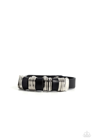 HARDWARE HUSTLE - BRASS AND BLACK LEATHER URBAN WRAP BRACELET - PAPARAZZI