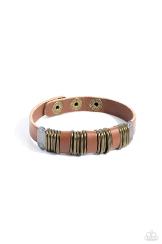HARDWARE HUSTLE - BRASS AND BROWN LEATHER URBAN WRAP BRACELET - PAPARAZZI