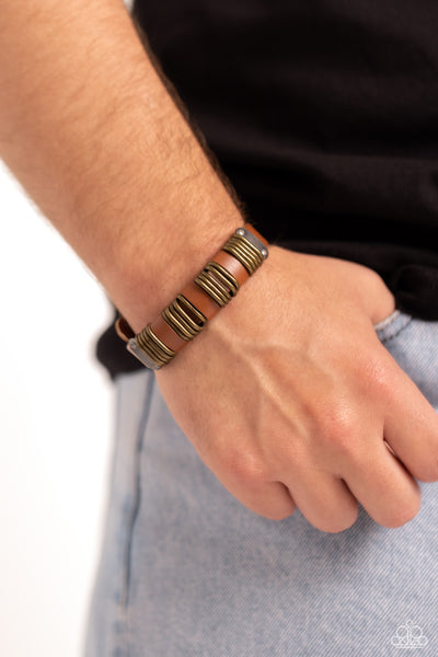 HARDWARE HUSTLE - BRASS AND BROWN LEATHER URBAN WRAP BRACELET - PAPARAZZI