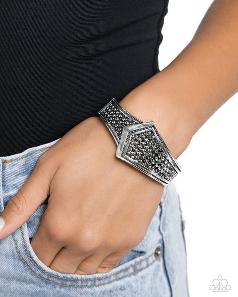 ORDER OF THE ARROW - SILVER HEMATITE RHINESTONE HINGE BRACELET - PAPARAZZI