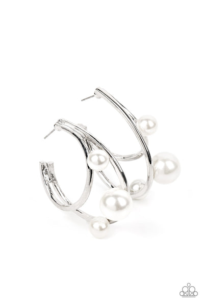 METRO PIER - WHITE PEARL SILVER HOOP EARRINGS - PAPARAZZI