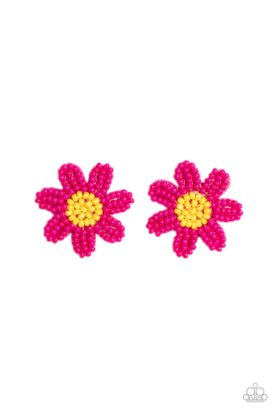 SENSATIONAL SEEDS - PINK AND YELLOW SEED BEAD FLOWER POST EARRINGS - PAPARAZZI