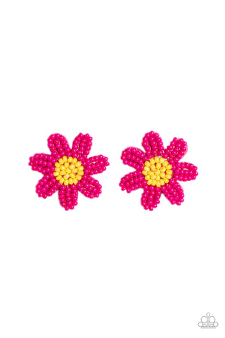 SENSATIONAL SEEDS - PINK AND YELLOW SEED BEAD FLOWER POST EARRINGS - PAPARAZZI