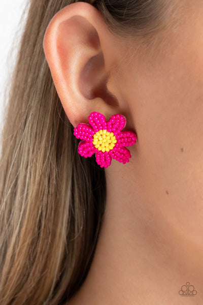 SENSATIONAL SEEDS - PINK AND YELLOW SEED BEAD FLOWER POST EARRINGS - PAPARAZZI