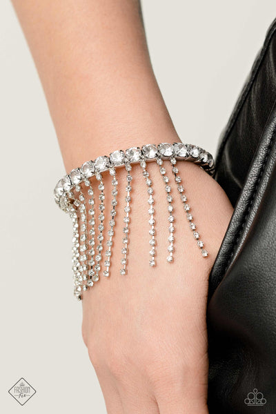 STARDUST SHOWER - WHITE RHINESTONE SILVER FRINGE CUFF BRACELET - PAPARAZZI - MAY 2023 FASHION FIX
