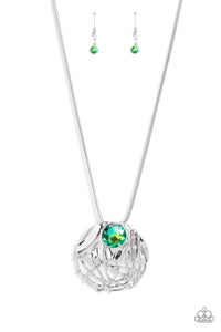 LUSH LATTICE - GREEN GEM SILVER PENDANT NECKLACE - PAPARAZZI