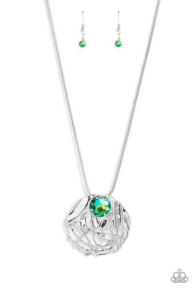 LUSH LATTICE - GREEN GEM SILVER PENDANT NECKLACE - PAPARAZZI