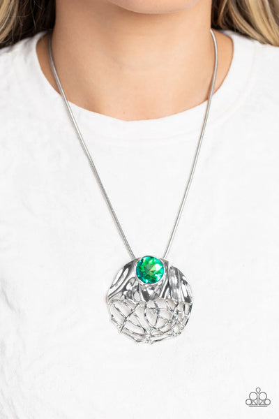LUSH LATTICE - GREEN GEM SILVER PENDANT NECKLACE - PAPARAZZI