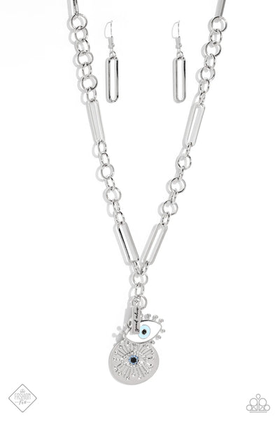 FRIDAY NIGHT VIBES - BLUE EYE SILVER PAPERCLIP NECKLACE - PAPARAZZI - FASHION FIX MARCH 2023