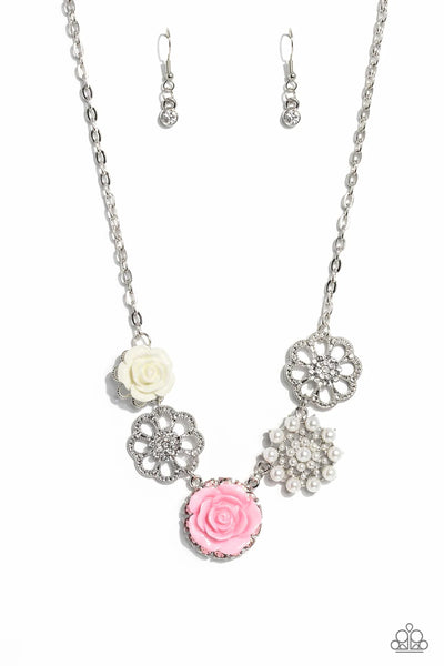 TEA PARTY FAVORS - PINK AND WHITE RESIN FLOWER PEARL SILVER NECKLACES - PAPARAZZI LIFE OF THE PARTY APRIL 2023