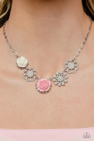 TEA PARTY FAVORS - PINK AND WHITE RESIN FLOWER PEARL SILVER NECKLACES - PAPARAZZI LIFE OF THE PARTY APRIL 2023