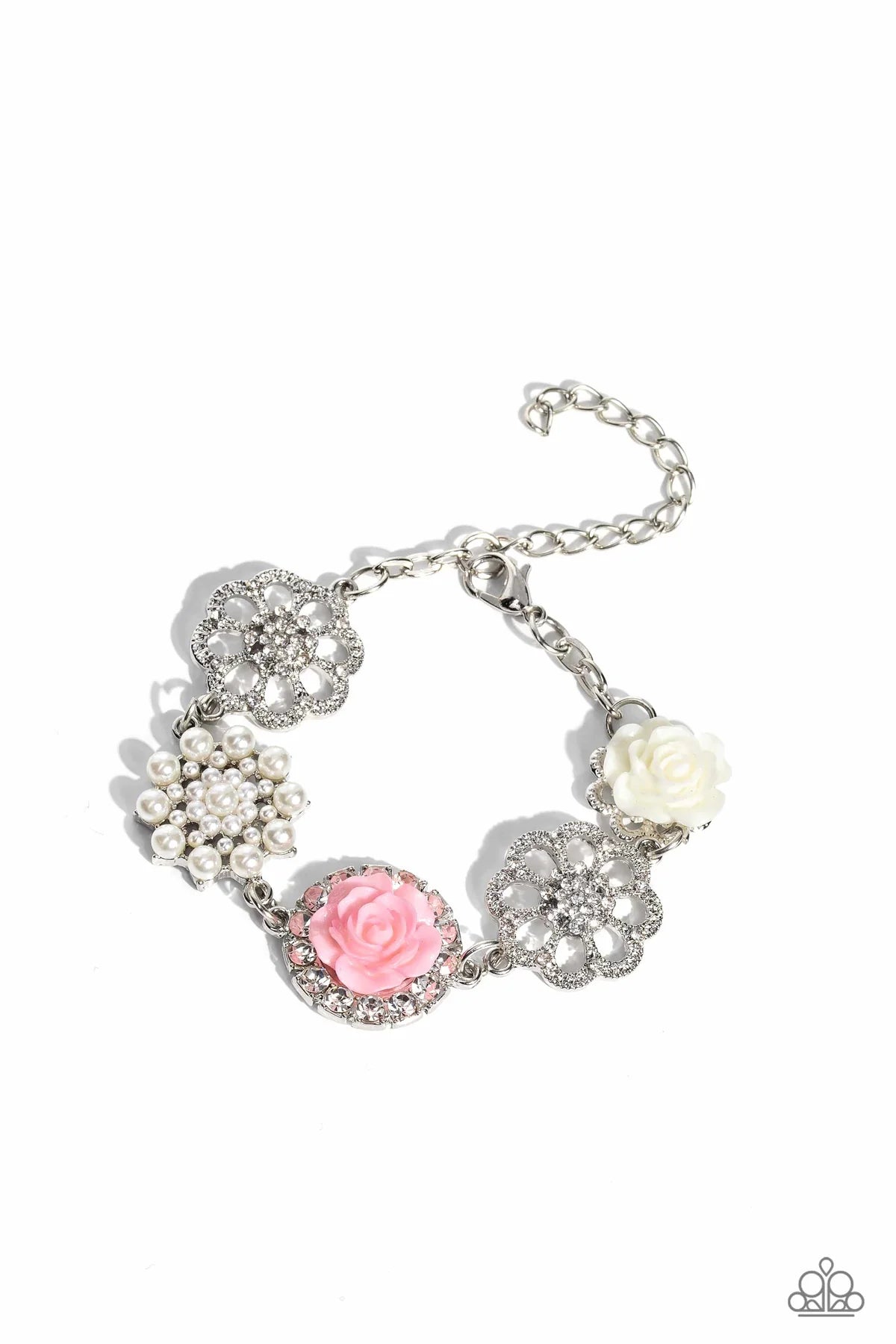 TEA PARTY THEME - PINK AND WHITE RESIN FLOWER PEARL SILVER BRACELET - PAPARAZZI LIFE OF THE PARTY APRIL 2023