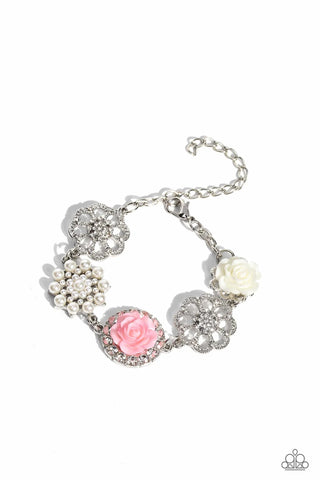 TEA PARTY THEME - PINK AND WHITE RESIN FLOWER PEARL SILVER BRACELET - PAPARAZZI LIFE OF THE PARTY APRIL 2023