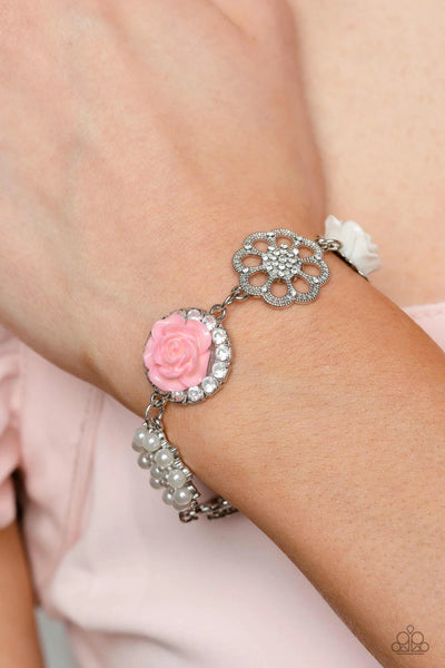TEA PARTY THEME - PINK AND WHITE RESIN FLOWER PEARL SILVER BRACELET - PAPARAZZI LIFE OF THE PARTY APRIL 2023