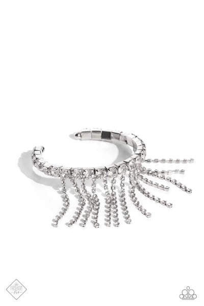 STARDUST SHOWER - WHITE RHINESTONE SILVER FRINGE CUFF BRACELET - PAPARAZZI - MAY 2023 FASHION FIX