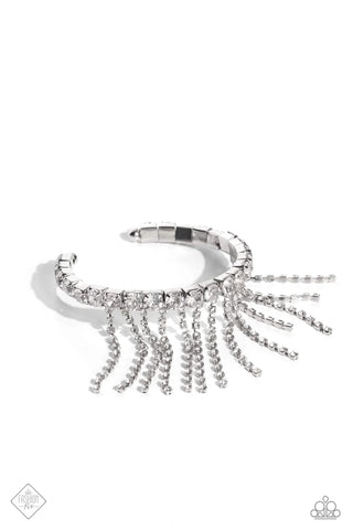 STARDUST SHOWER - WHITE RHINESTONE SILVER FRINGE CUFF BRACELET - PAPARAZZI - MAY 2023 FASHION FIX