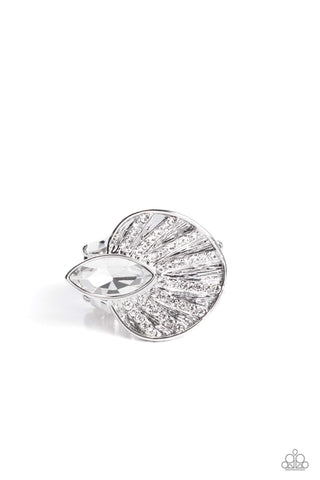 FAN DANCE DAZZLE - WHITE RHINESTONE SILVER RING - PAPARAZZI - LIFE OF THE PARTY AUGUST 2023