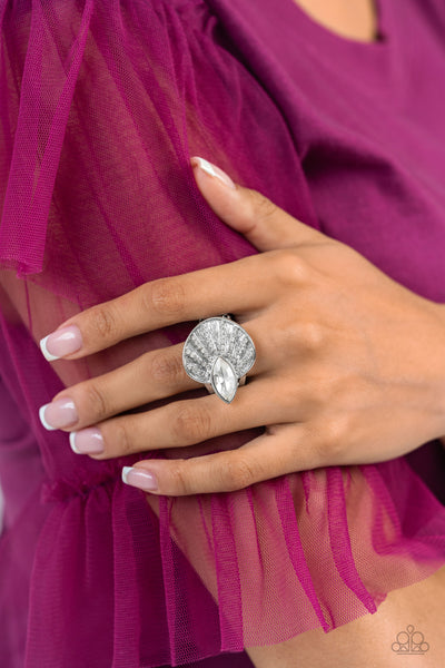FAN DANCE DAZZLE - WHITE RHINESTONE SILVER RING - PAPARAZZI - LIFE OF THE PARTY AUGUST 2023
