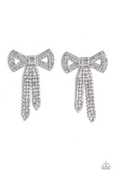 JUST BOW WITH IT - WHITE RHINESTONE SILVER BOW POST EARRINGS - PAPARAZZI - LIFE OF THE PARTY AUGUST 2023