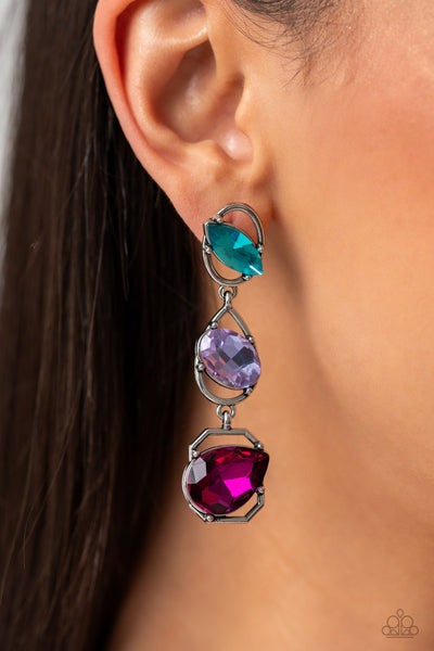 DIMENSIONAL DANCE - MULTI PINK PURPLE BLUE GEM SILVER POST EARRINGS - PAPARAZZI - LIFE OF THE PARTY AUGUST 2023