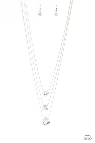 LUSTROUS LAYERS - WHITE GEM SILVER LAYERED NECKLACE - PAPARAZZI - LIFE OF THE PARTY AUGUST 2023