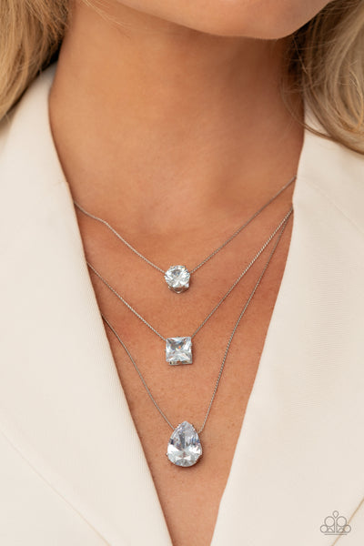 LUSTROUS LAYERS - WHITE GEM SILVER LAYERED NECKLACE - PAPARAZZI - LIFE OF THE PARTY AUGUST 2023