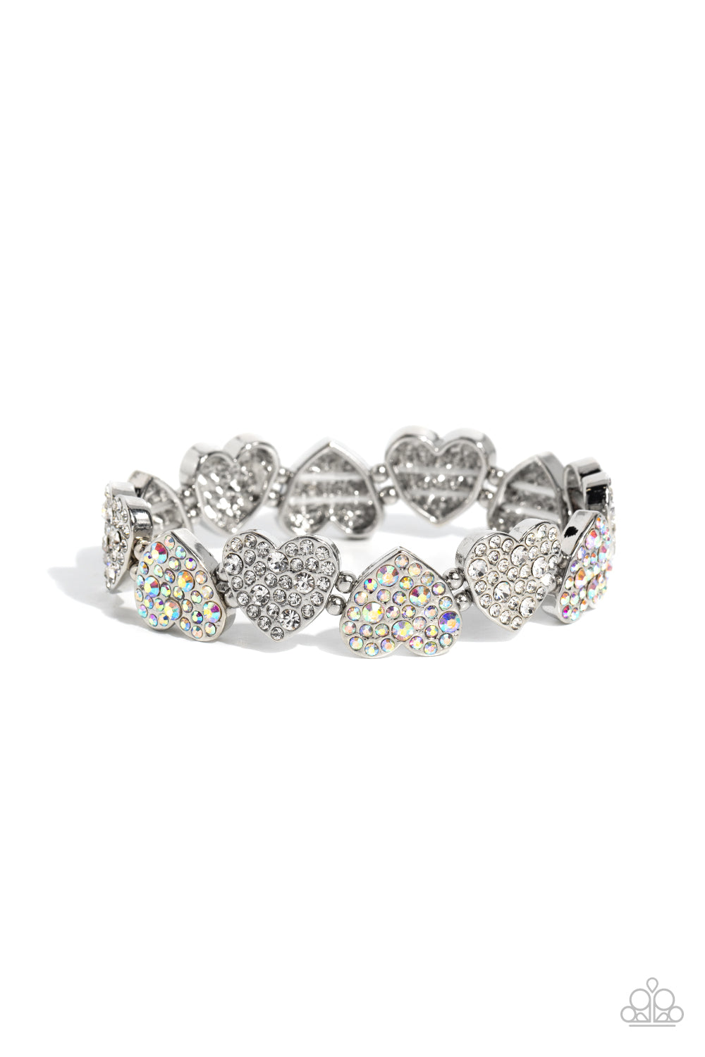 HEADLINER HEART - WHITE PINK IRIDESCENT RHINESTONE SILVER HEART STRETCHY BRACELET - PAPARAZZI