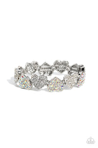HEADLINER HEART - WHITE PINK IRIDESCENT RHINESTONE SILVER HEART STRETCHY BRACELET - PAPARAZZI