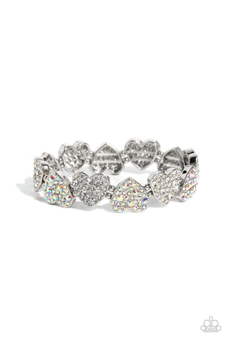 HEADLINER HEART - WHITE PINK IRIDESCENT RHINESTONE SILVER HEART STRETCHY BRACELET - PAPARAZZI